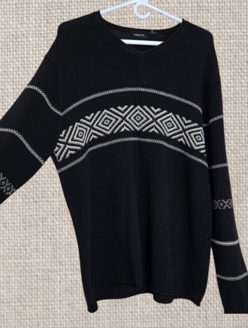Vintage Claiborne Pullover Sweater Black & White Aztec Cotton Sz MT Geometric